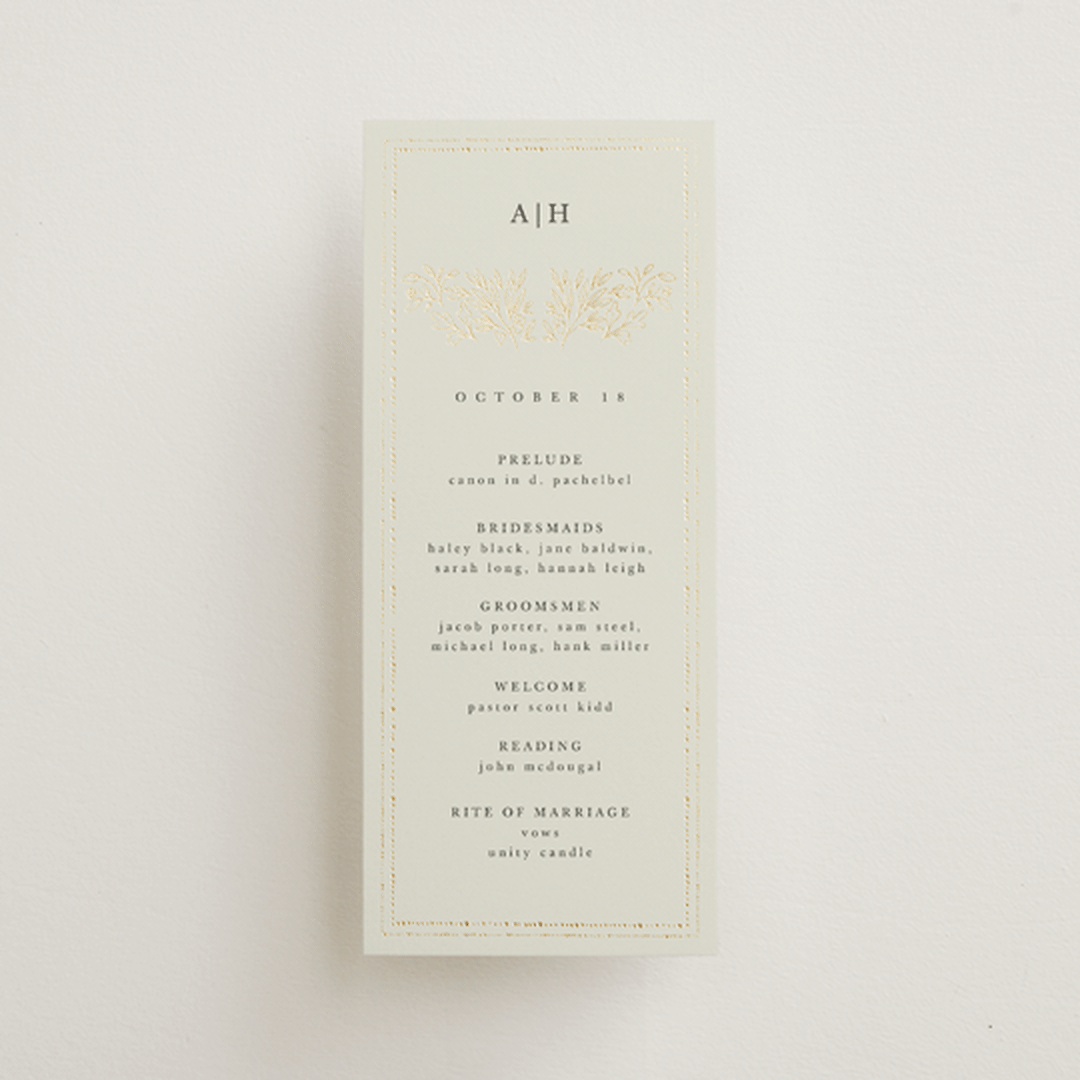"Foil Botanical Frame" - Wedding Programs in Taupe by Hannah Williams - Front
