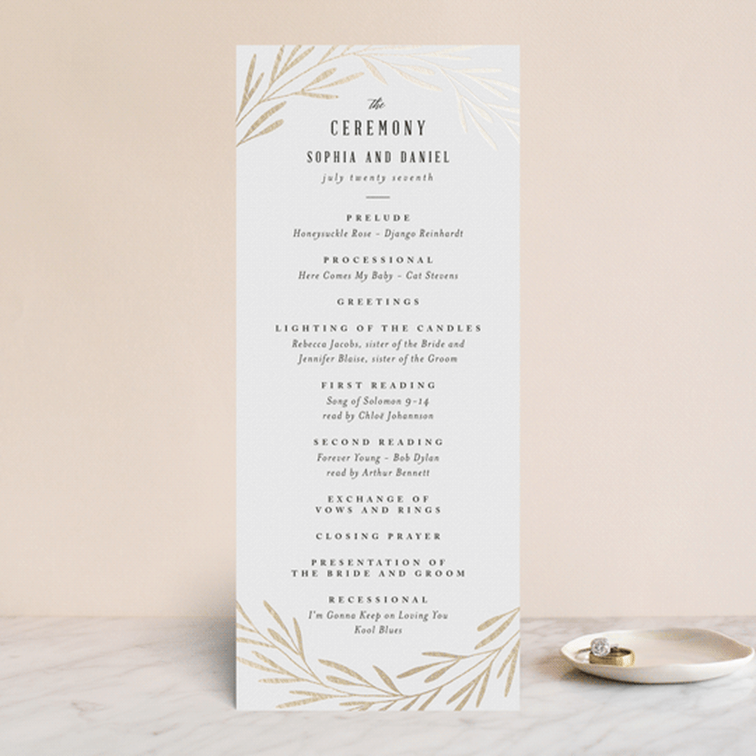 "Gilded Leaves" - Wedding Programs in Classic White by Kelly Schmidt - Front