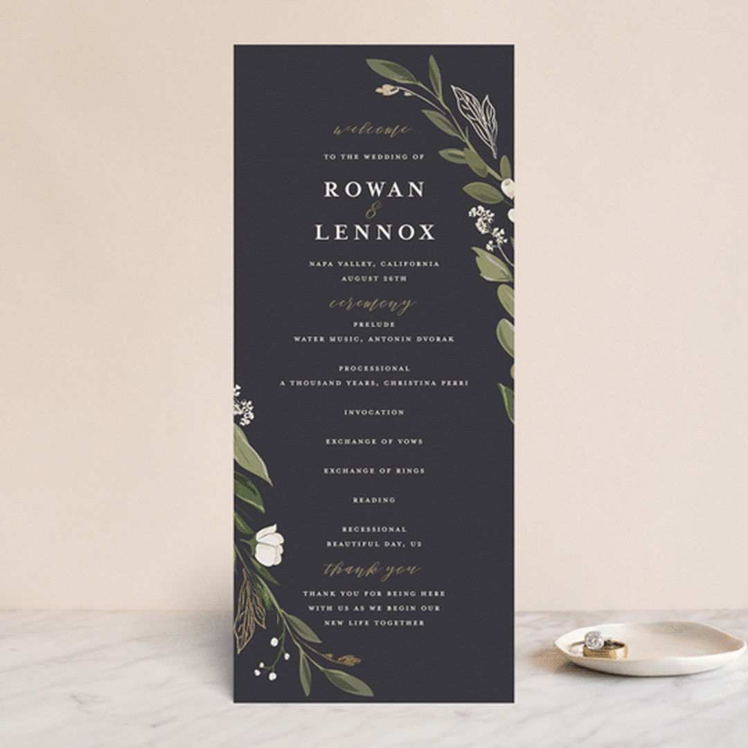 "Greenery Crown" - Wedding Programs in Navy by Susan Moyal - Front