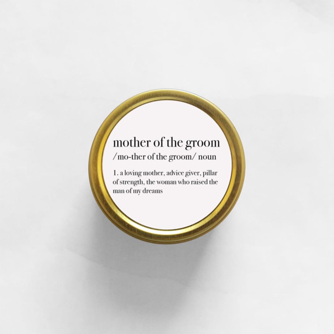 "Mother of the Groom Definition Soy Candle | Gold Travel Tin" - Gifts for Parents in gold by Aria Bella Candles