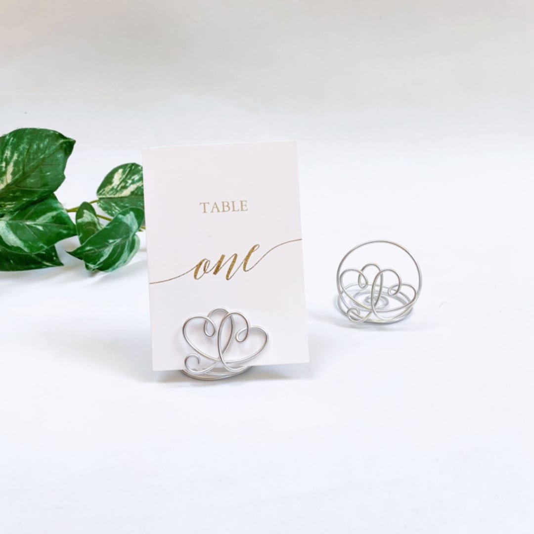 "Silver Wire Double Heart Table Number Card Holder, Set of 5" - Place Card Holders in blue by JV Country Creations