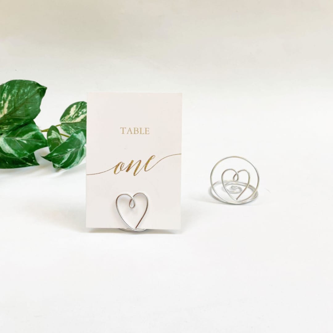 "Silver Wire Heart Table Number Card Holder, Set of 5" - Place Card Holders in clear by JV Country Creations