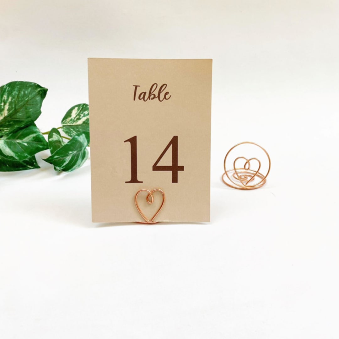 "Rose Gold Wire Heart Table Number Card Holder, Set of 5" - Place Card Holders in pink by JV Country Creations