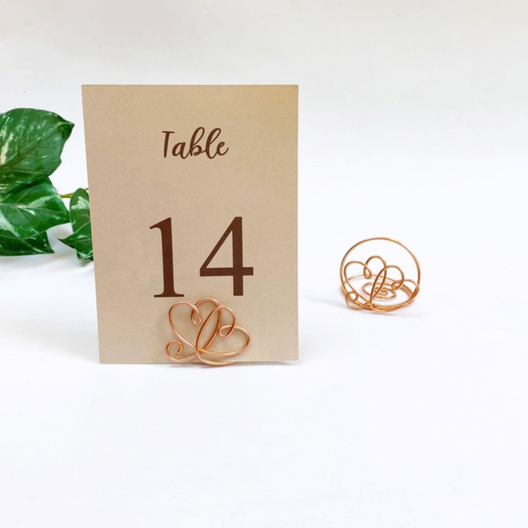 "Rose Gold Wire Double Heart Table Number Card Holder, Set of 5" - Place Card Holders in multicolor by JV Country Creations