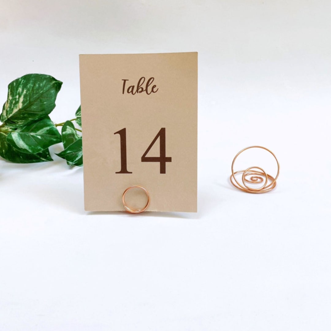 "Rose Gold Wire Circle Table Number Card Holder, Set of 5" - Place Card Holders in clear by JV Country Creations