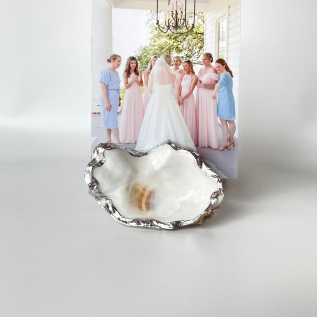 "Silver Leaf Oyster Shell Photo Holder" - Place Card Holders in beige by Anna Sibley