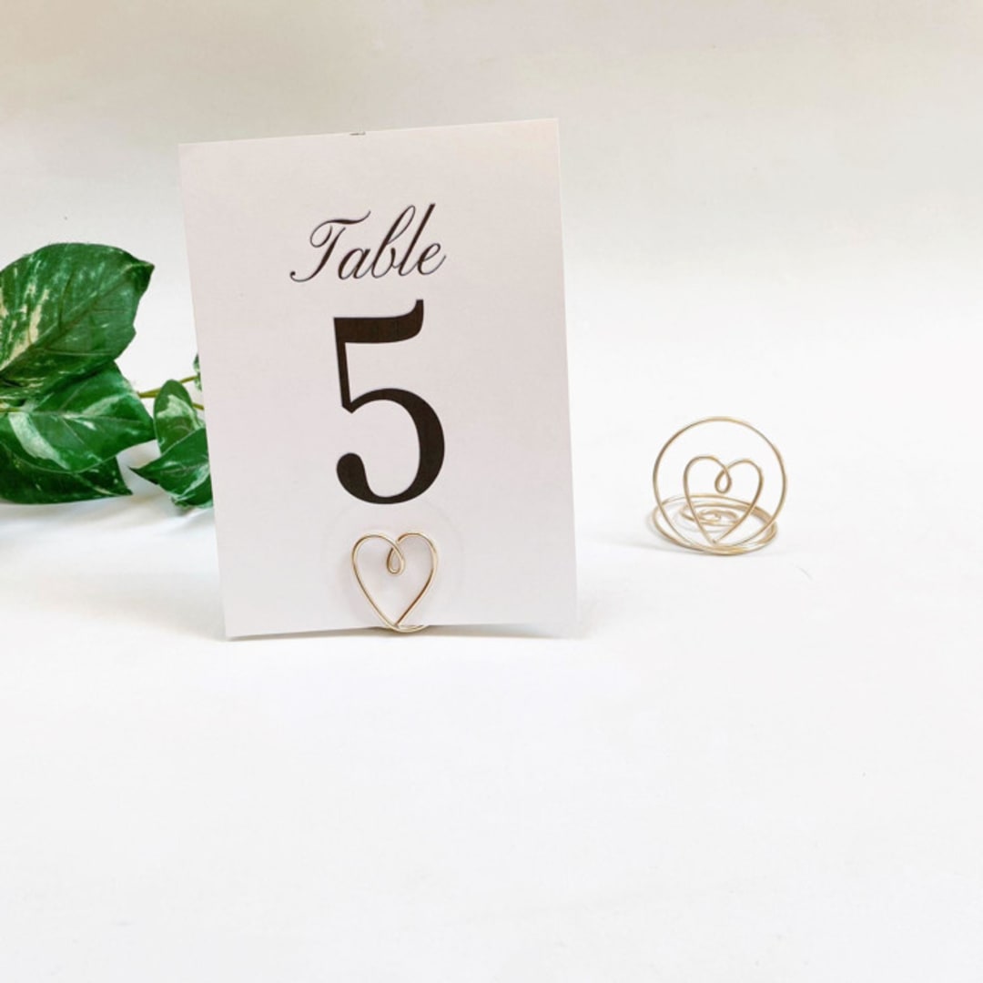 "Champagne Wire Heart Table Number Card Holder, Set of 5" - Place Card Holders in pink by JV Country Creations