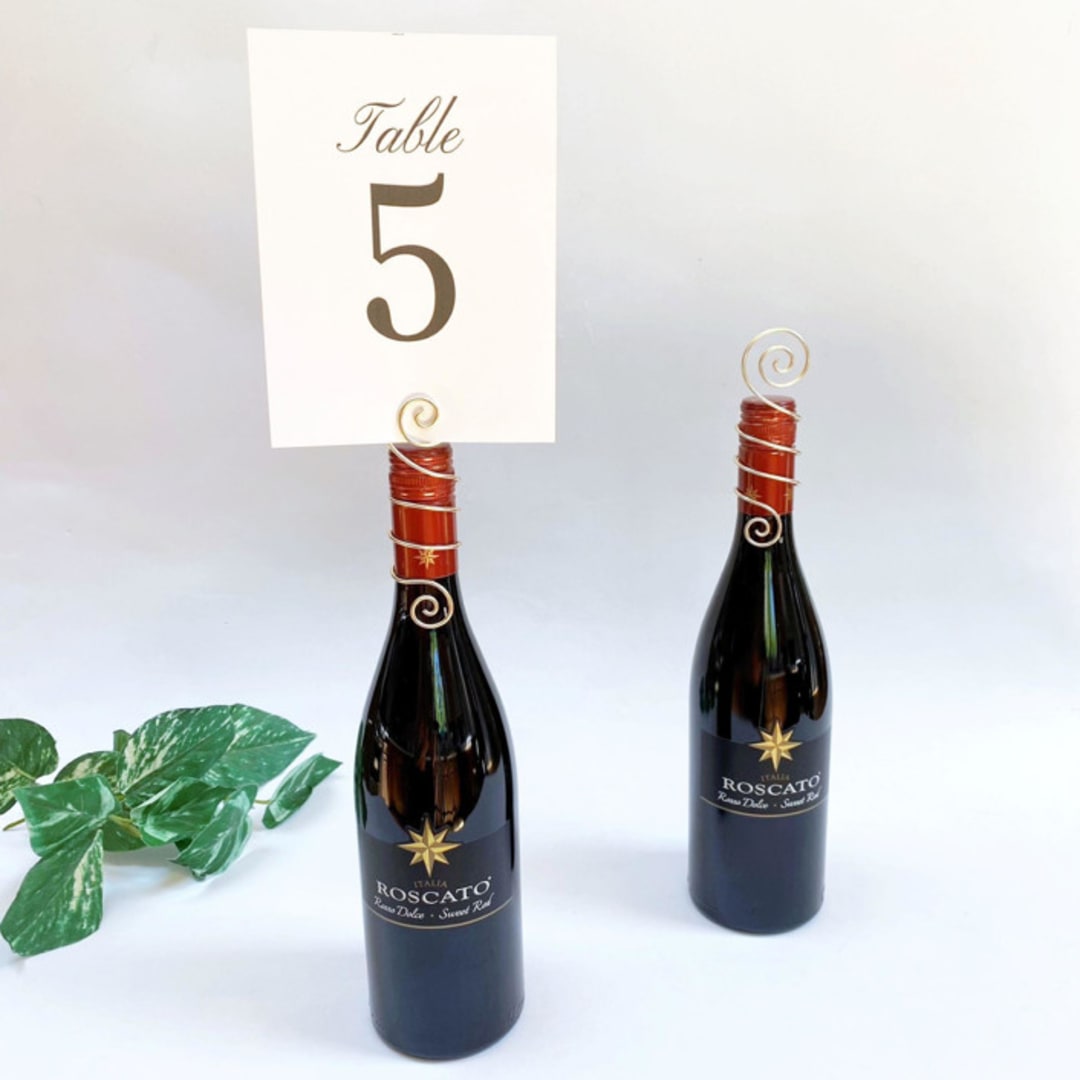 "Champagne Wire Wine Bottle Topper Table Number Card Holder, Set of 5" - Place Card Holders in purple by JV Country Creations