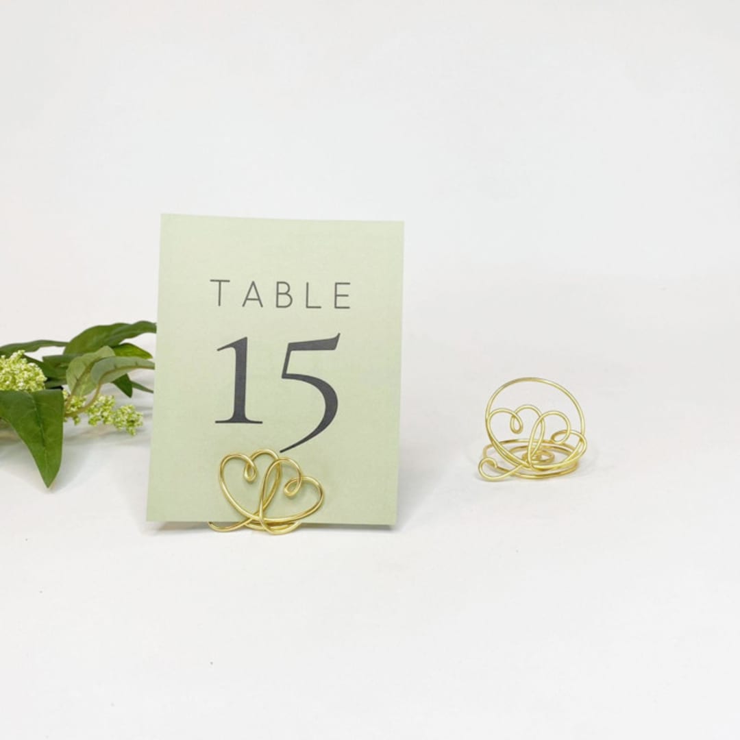 "Gold Wire Double Heart Table Number Card Holder, Set of 5" - Place Card Holders in gray by JV Country Creations