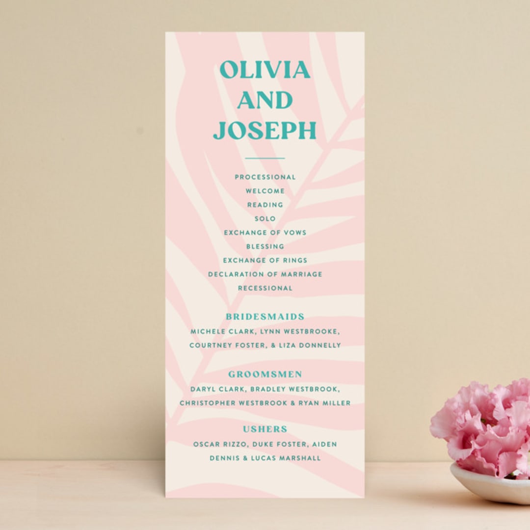 "The Palm" - Wedding Programs in Flamingo by Pixel and Hank - Front