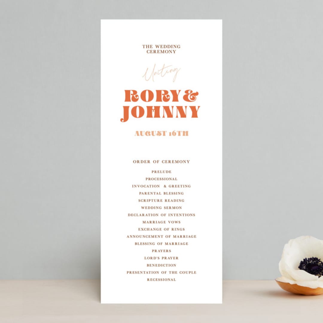 "Rory" - Wedding Programs in Rust by Alaina Cherup - Front