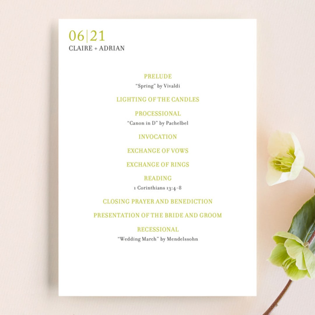 "float + celebrate" - Wedding Programs in Celery by Float Paperie - Front