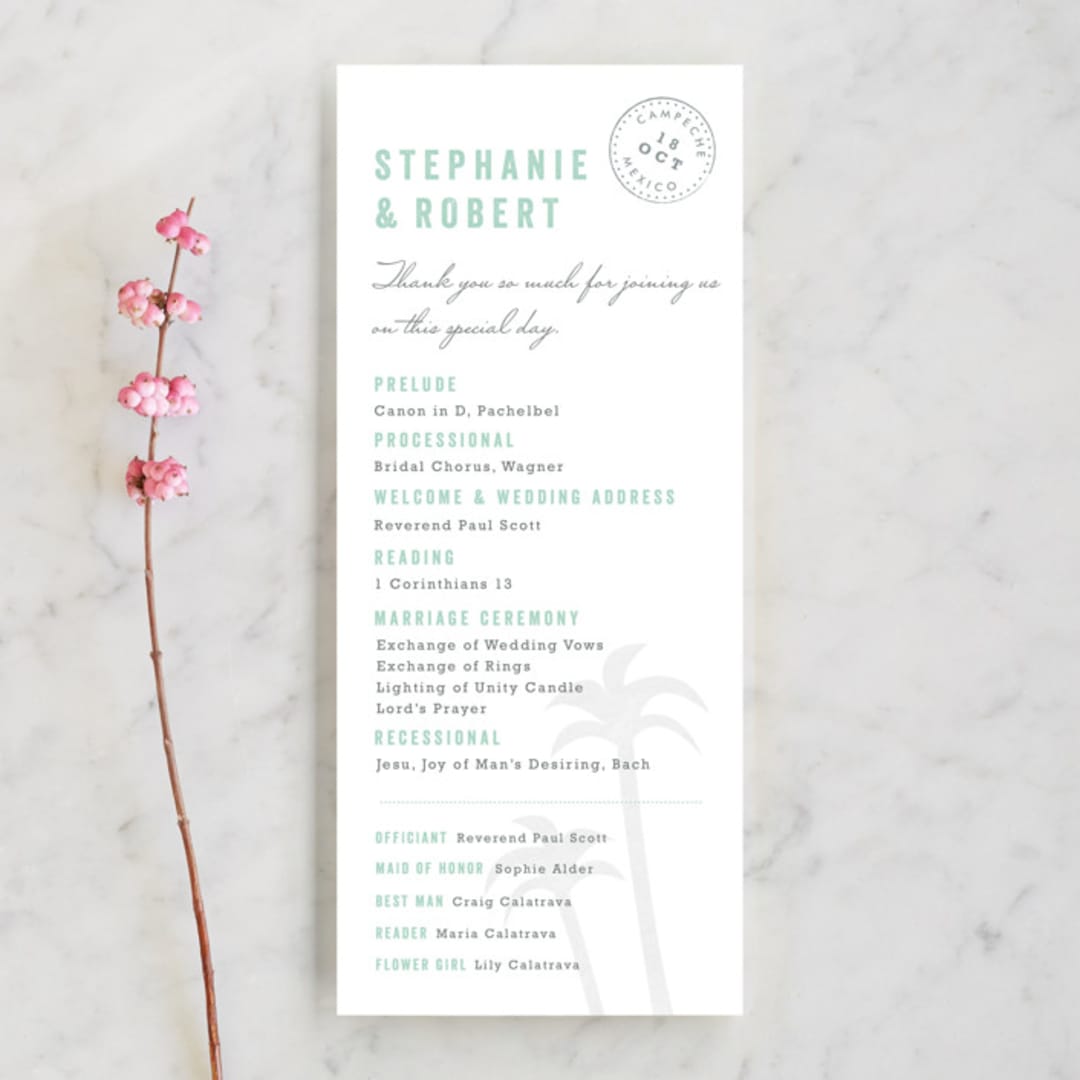 "Passport" - Wedding Programs in Seafoam by Sarah Curry - Front