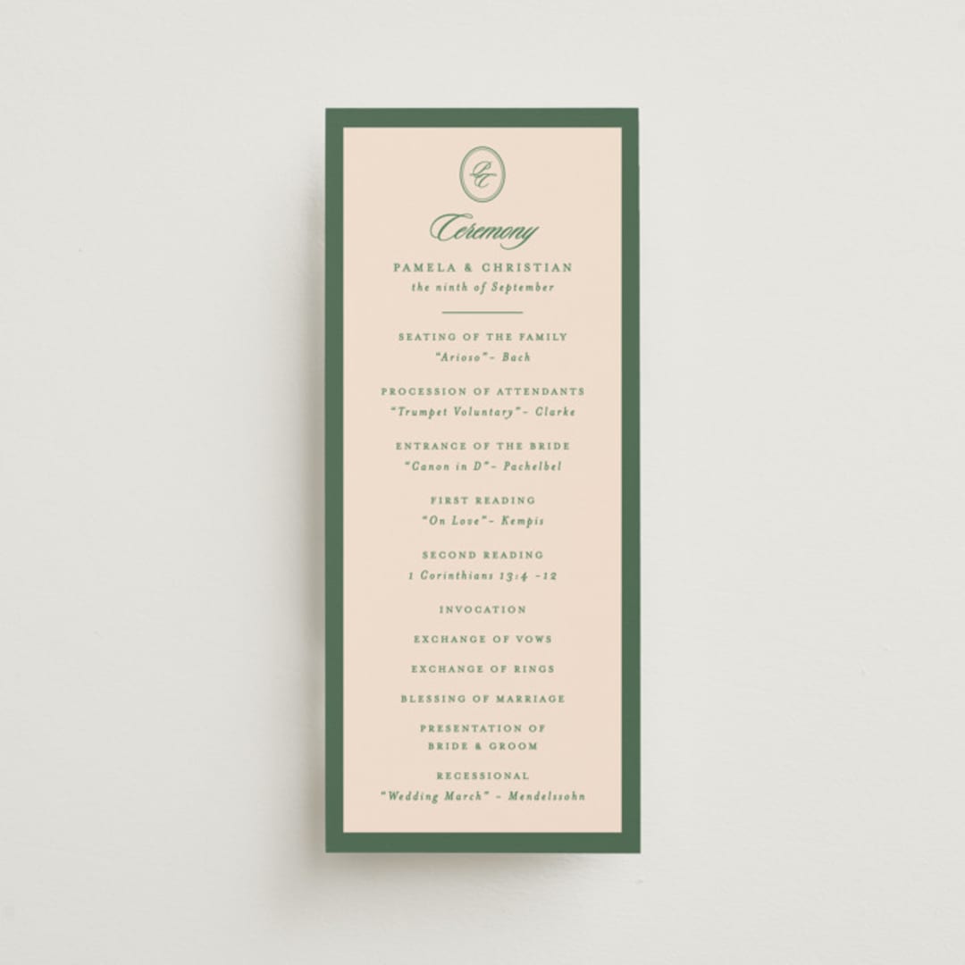 "Scripted" - Wedding Programs in Emerald by Creo Study - Front
