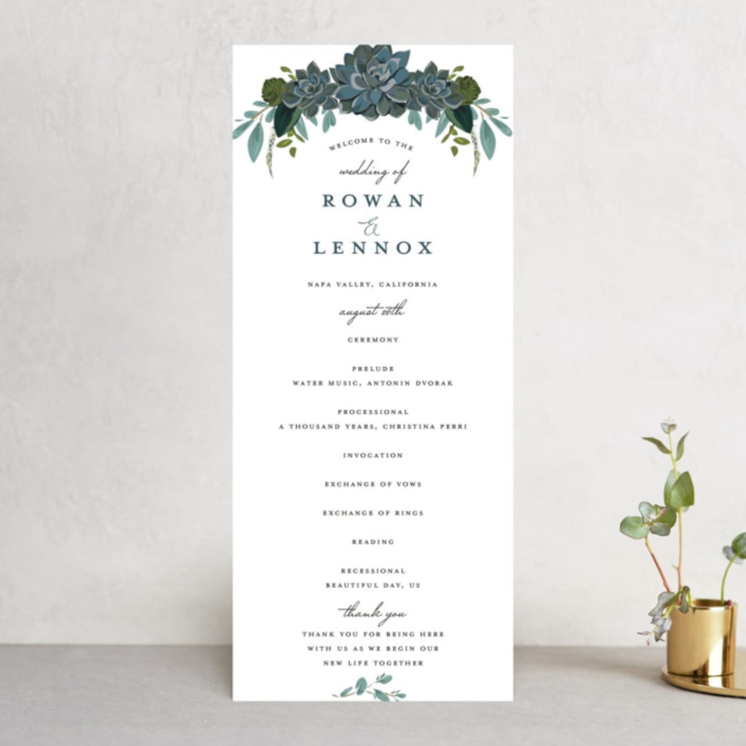 "Echeveria" - Wedding Programs in Prussian Blue by Susan Moyal - Front