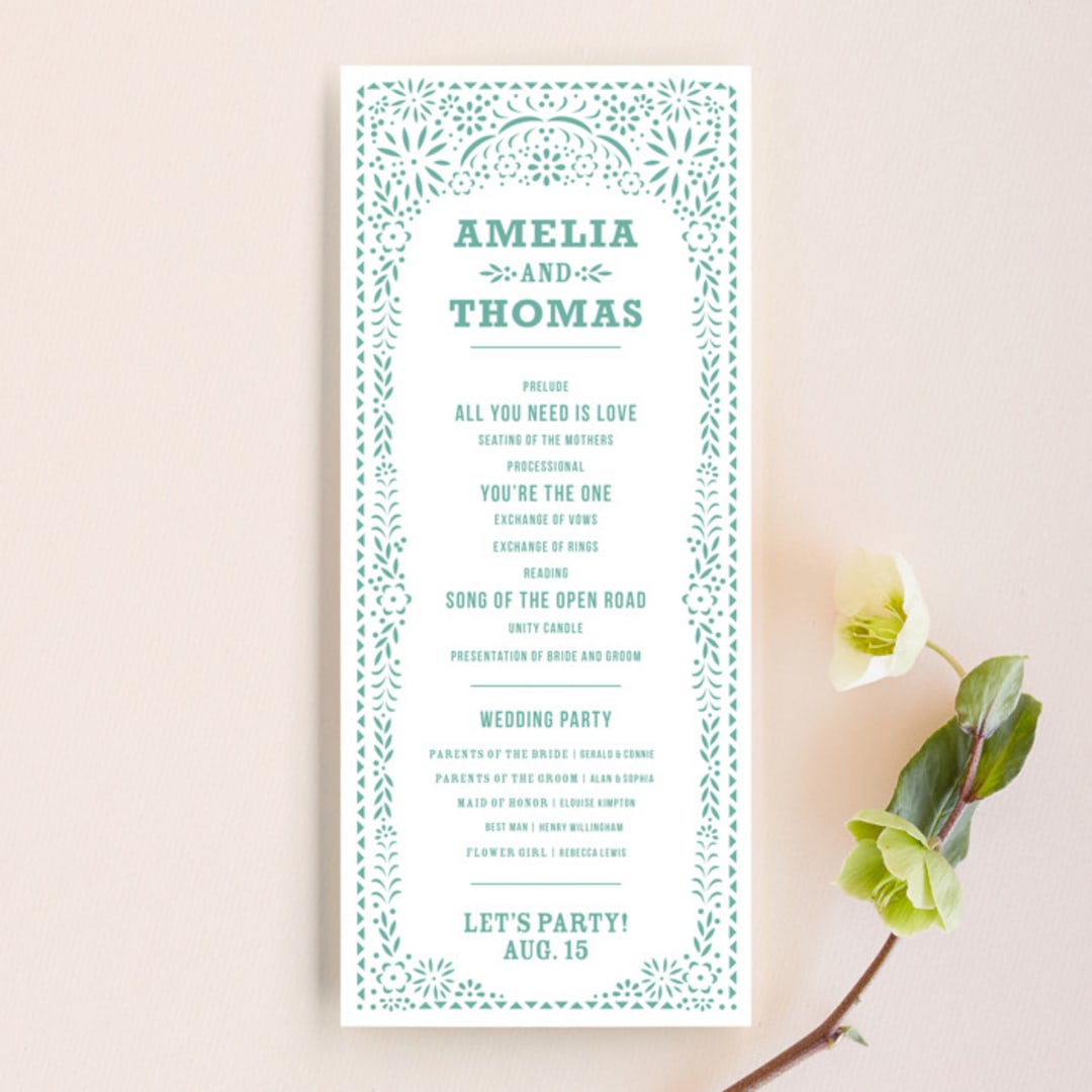 "Fiesta Folk Art" - Wedding Programs in Lagoon by root beer float - Front