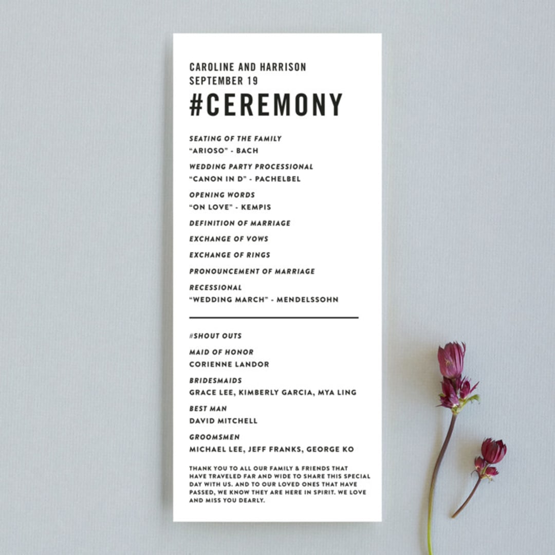"Open Bar" - Wedding Programs in Tuxedo by Jennifer Lew - Front