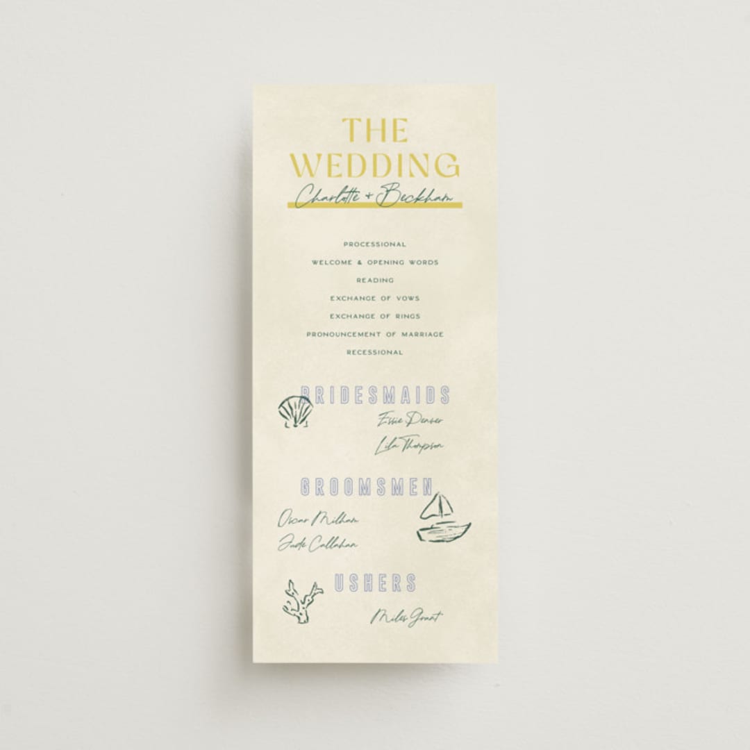 "Coastal Drift" - Wedding Programs in Caribbean Citrus by Pixel and Hank - Front