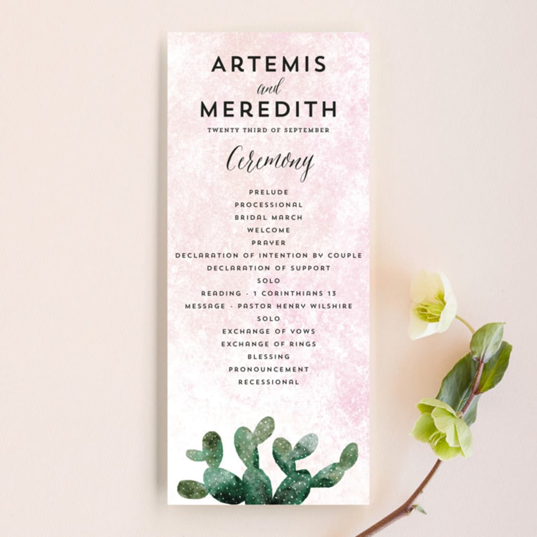 "Cacti" - Wedding Programs in Rose Crystal by Cass Loh - Front
