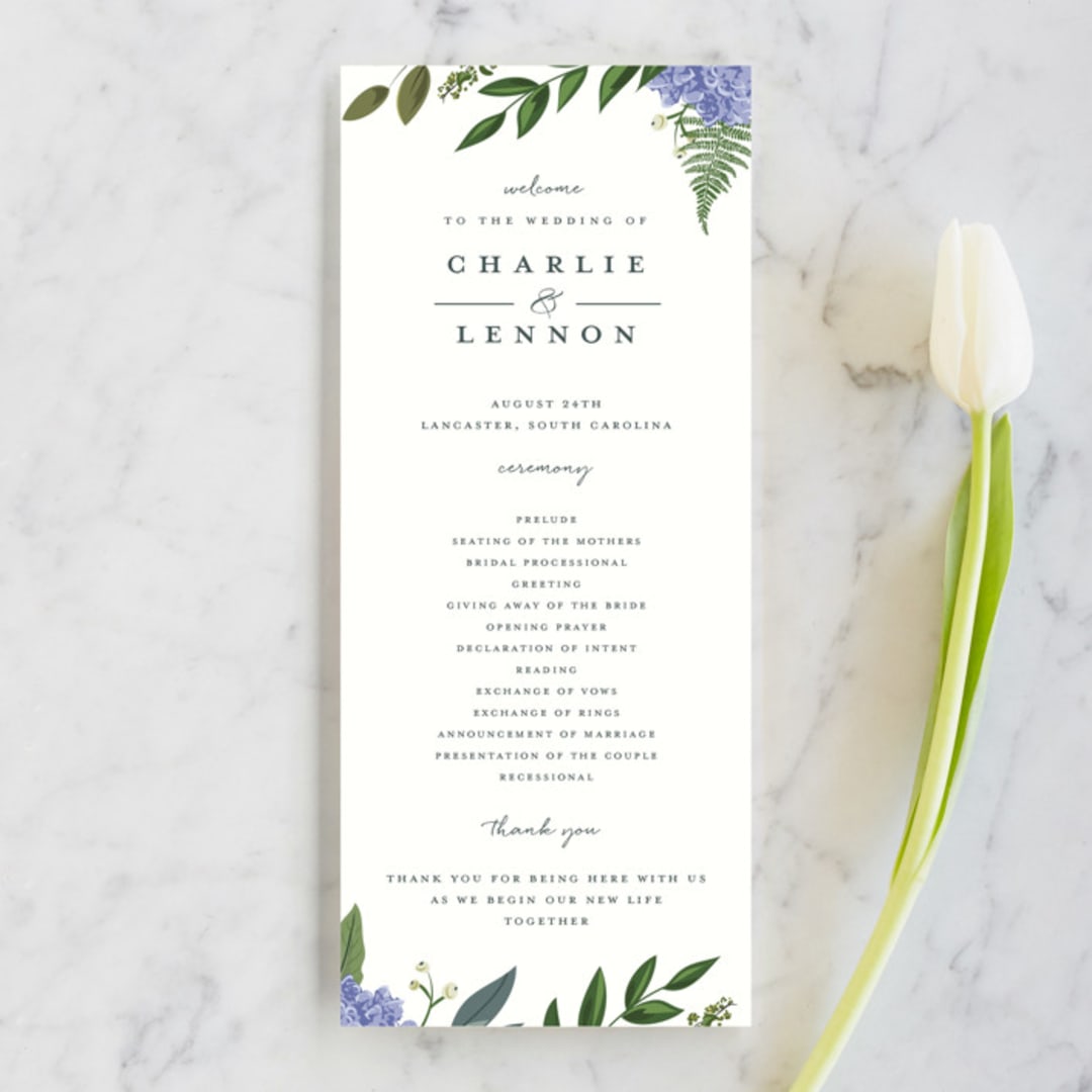 "Hydrangea Frame" - Wedding Programs in Periwinkle by Susan Moyal - Front