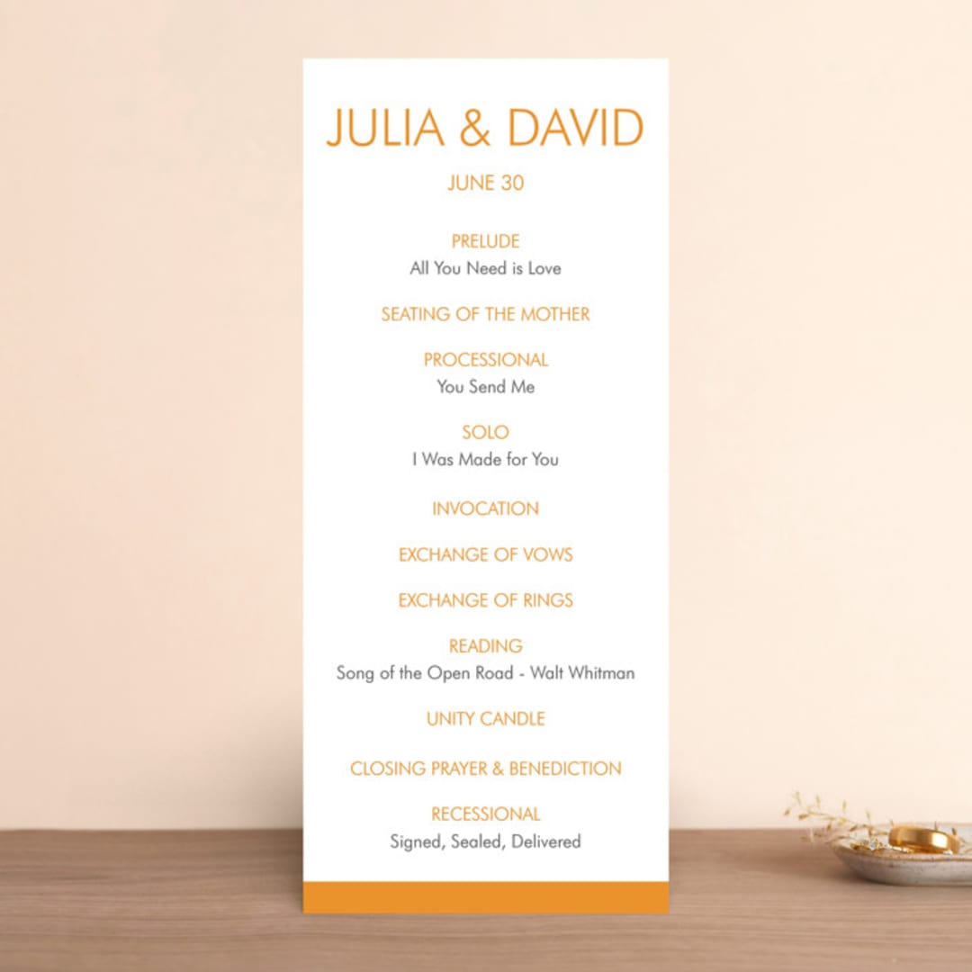 "Minimalist Display" - Wedding Programs in Tangerine by Nam Bourassa - Front