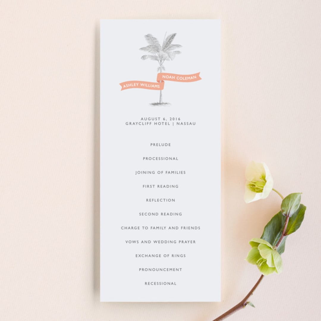 "Palm" - Wedding Programs in Salmon by Lauren Chism - Front