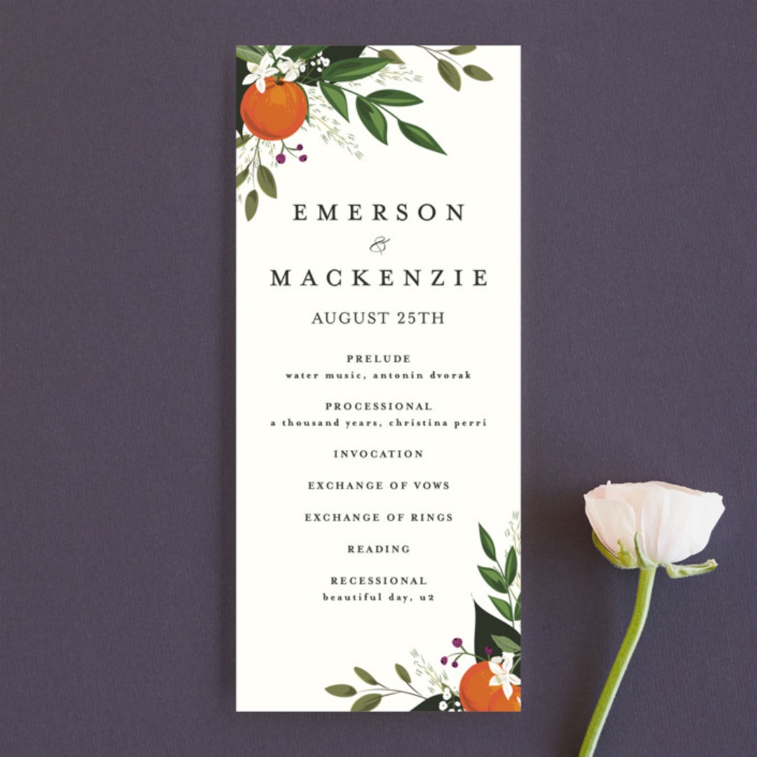"Orange Blossoms" - Wedding Programs in Pearl by Susan Moyal - Front