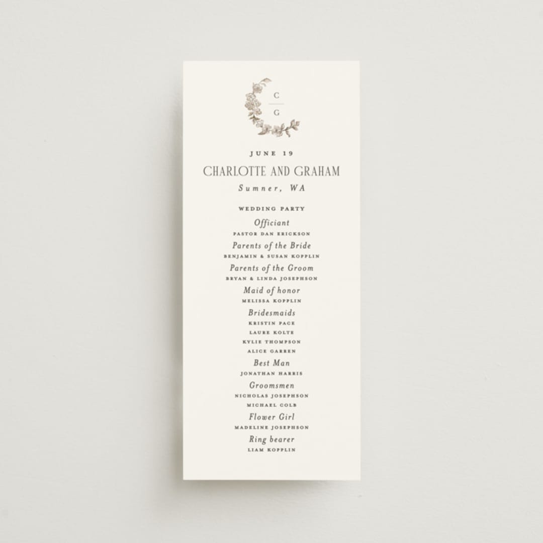 "Daphne" - Wedding Programs in Sephia by Itsy Belle Studio - Front