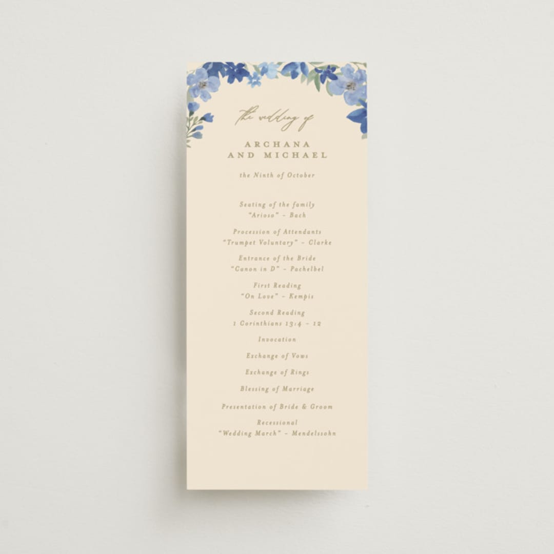 "Nilgiri" - Wedding Programs in Blueberry by Creo Study - Front