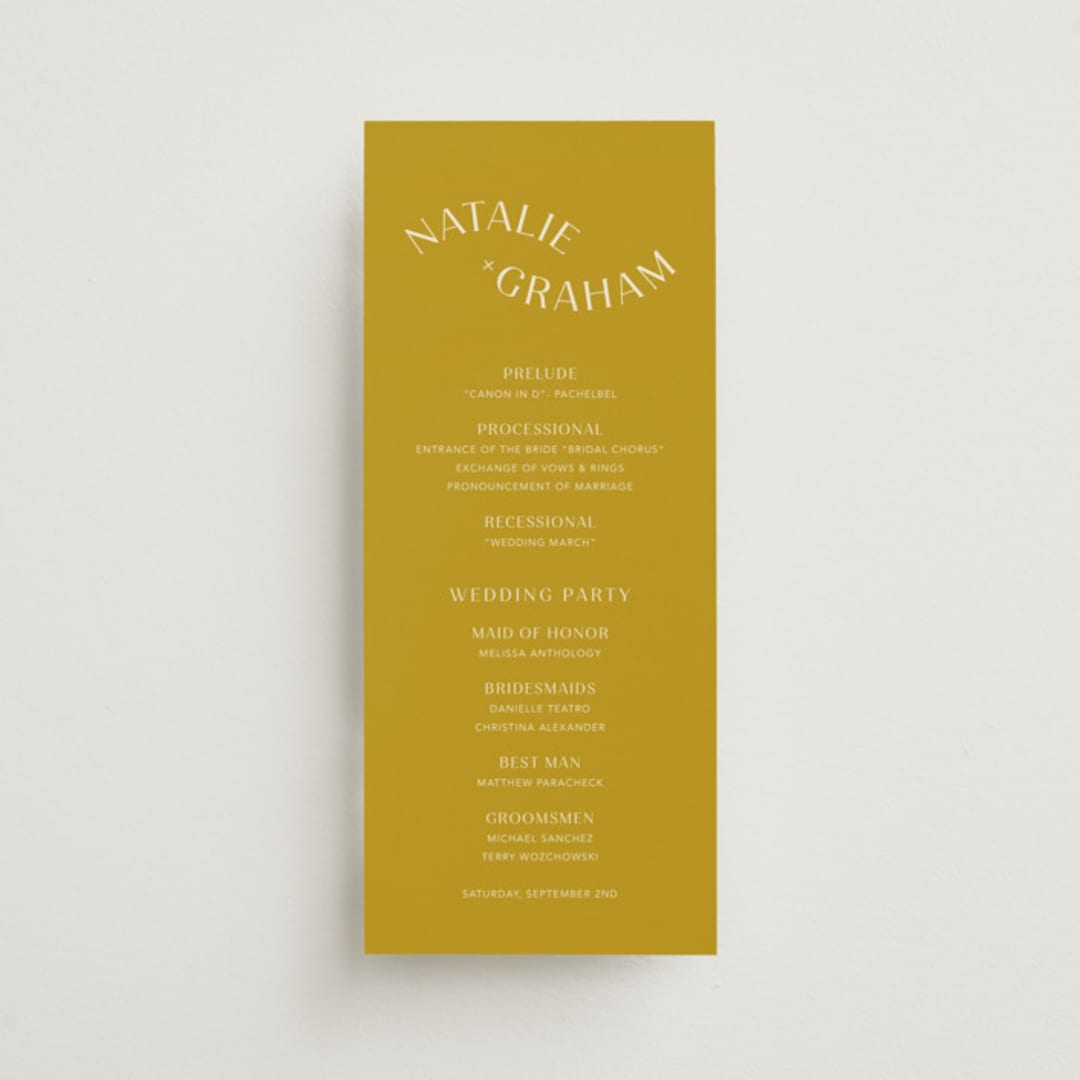 "Swoop" - Wedding Programs in Marigold by Stacey Day - Front