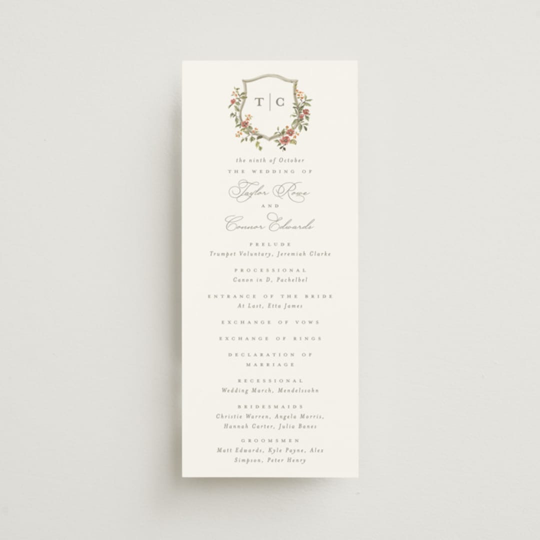 "Foliage Crest" - Wedding Programs in Mulberry by Everett Paper Goods - Front