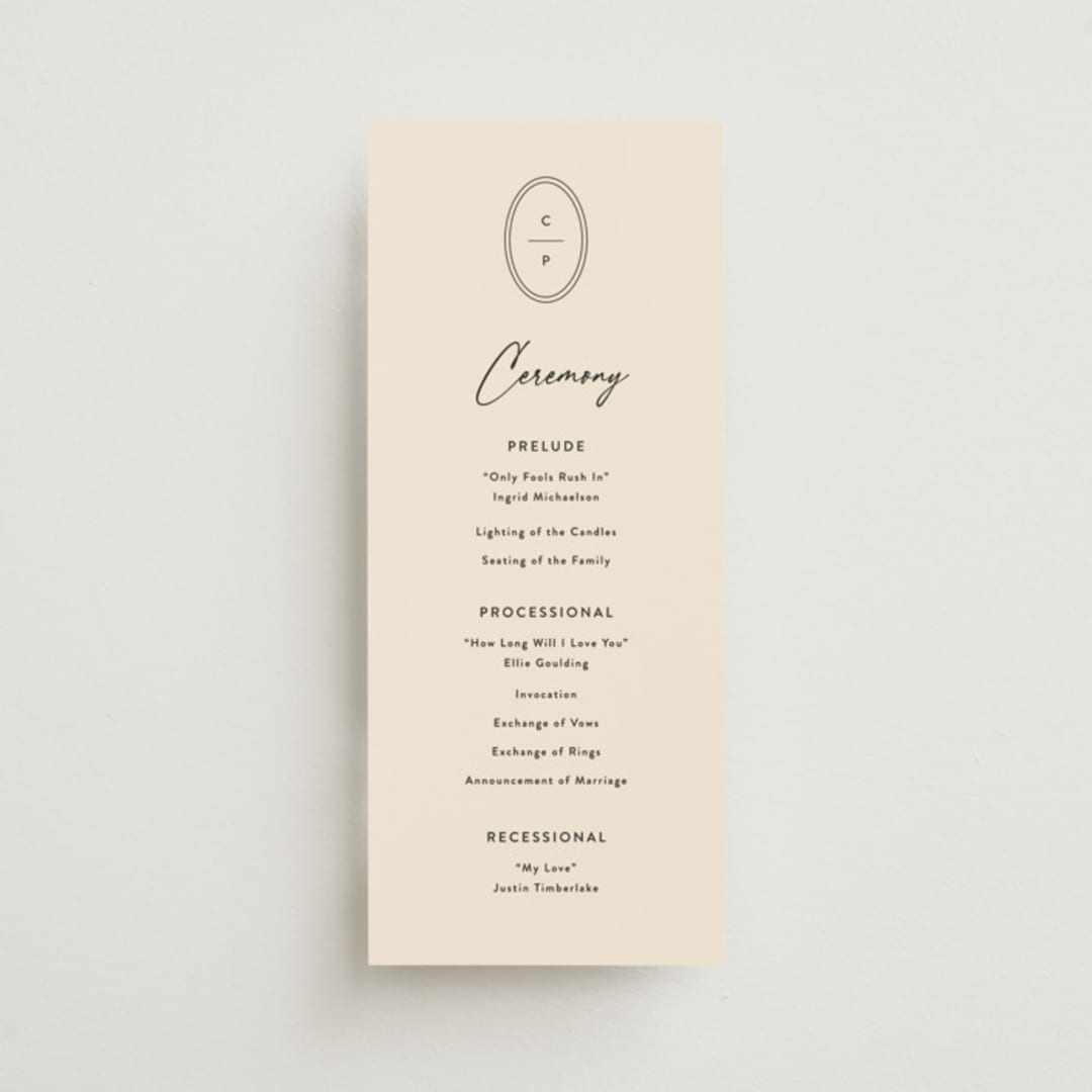 "Script and Monogram" - Wedding Programs in Sand by Carolyn MacLaren - Front