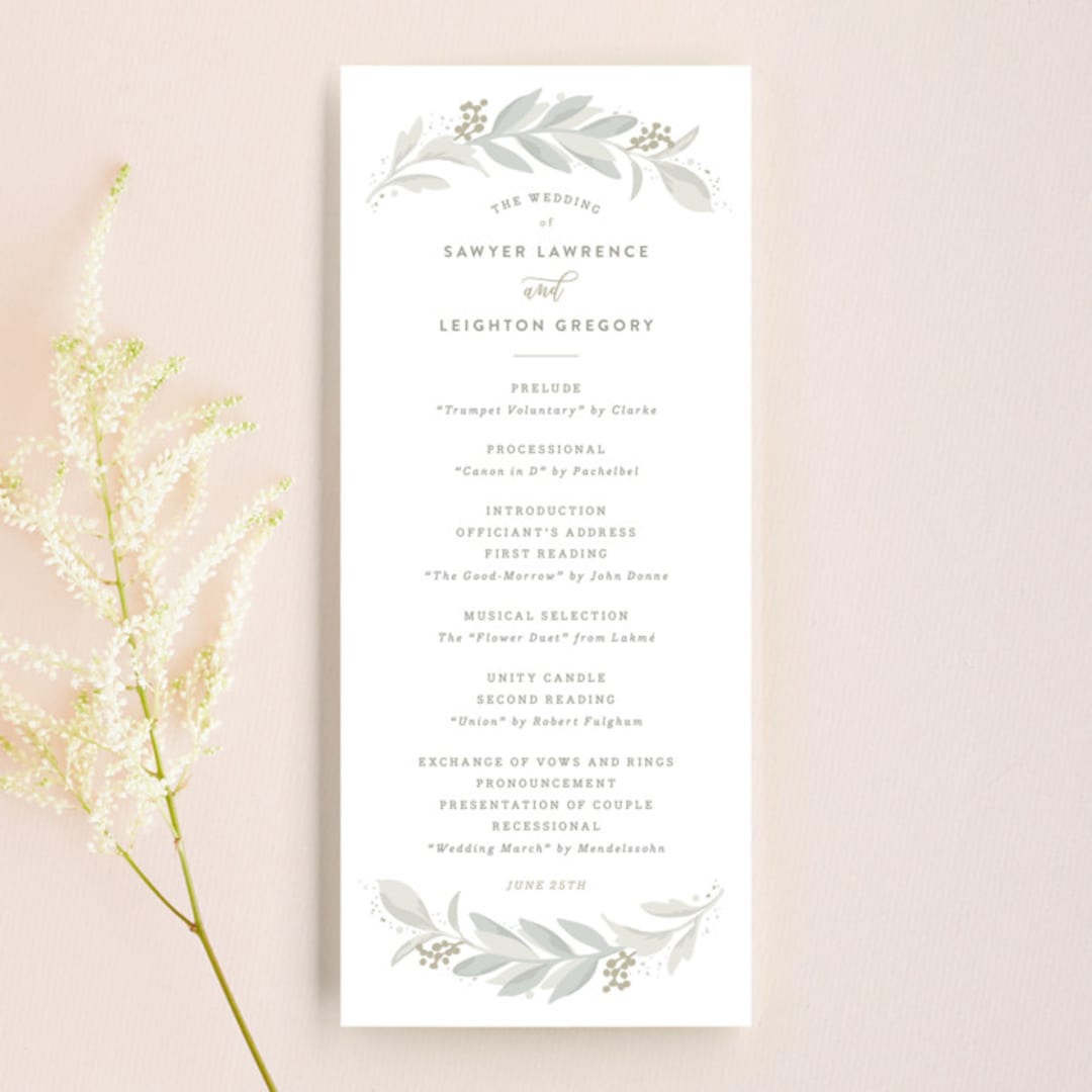 "Modern Wreath" - Wedding Programs in Sage by Hooray Creative - Front