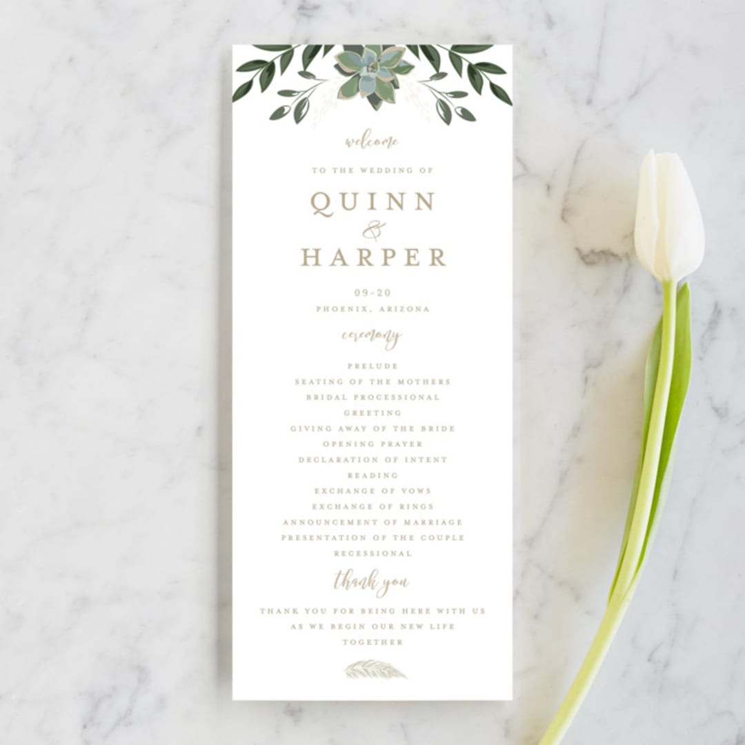 "Succulent Surround" - Wedding Programs in Cloud by Susan Moyal - Front
