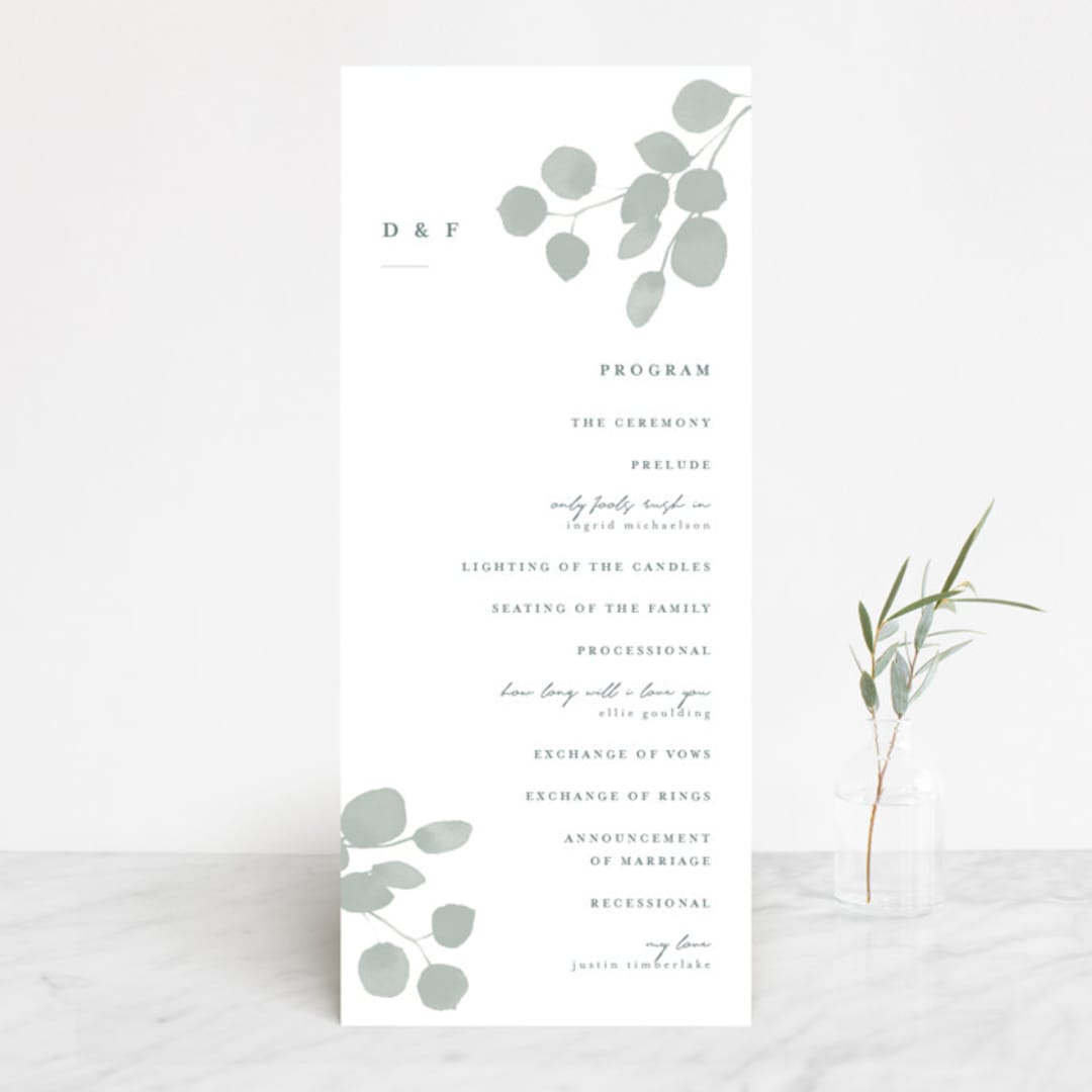 "Silver Dollar Eucalyptus" - Wedding Programs in Silver Dollar by Shannon Chen of Four Wet Feet Studio - Front
