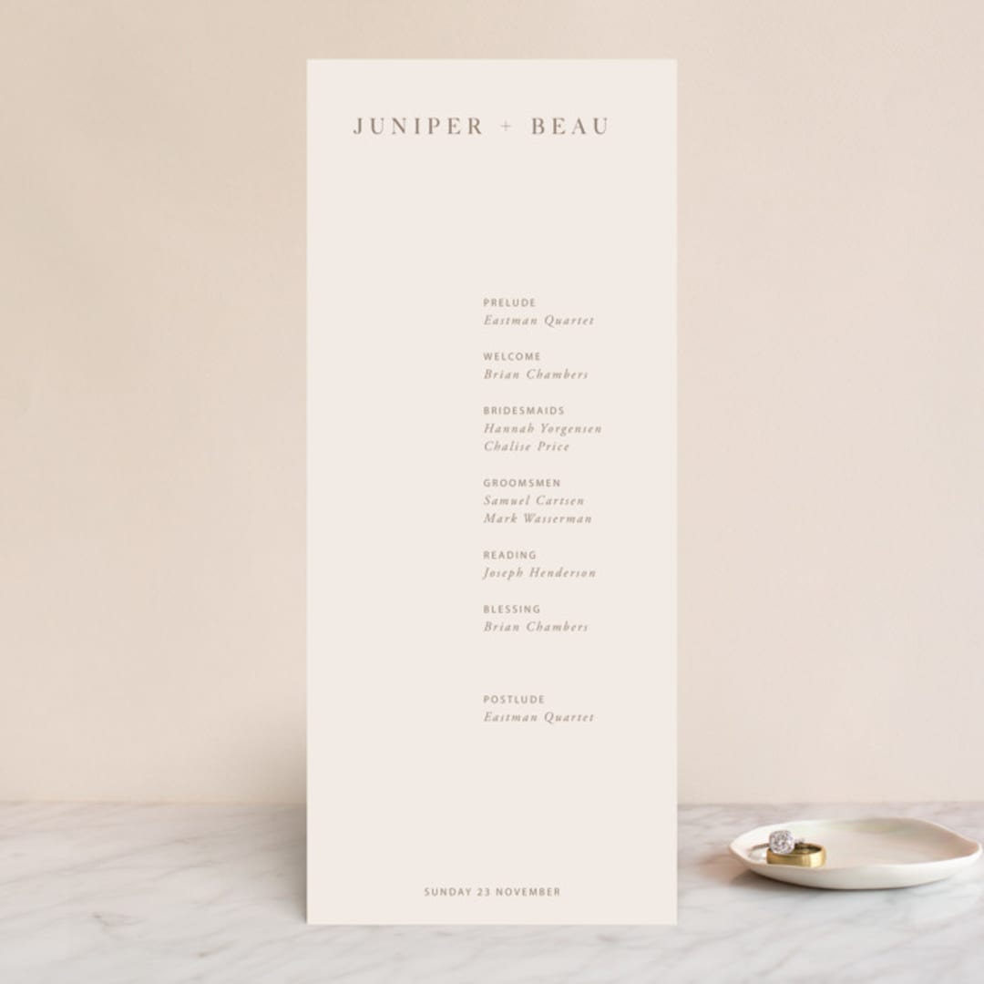 "Juniper" - Wedding Programs in Blush by Mere Paper - Front