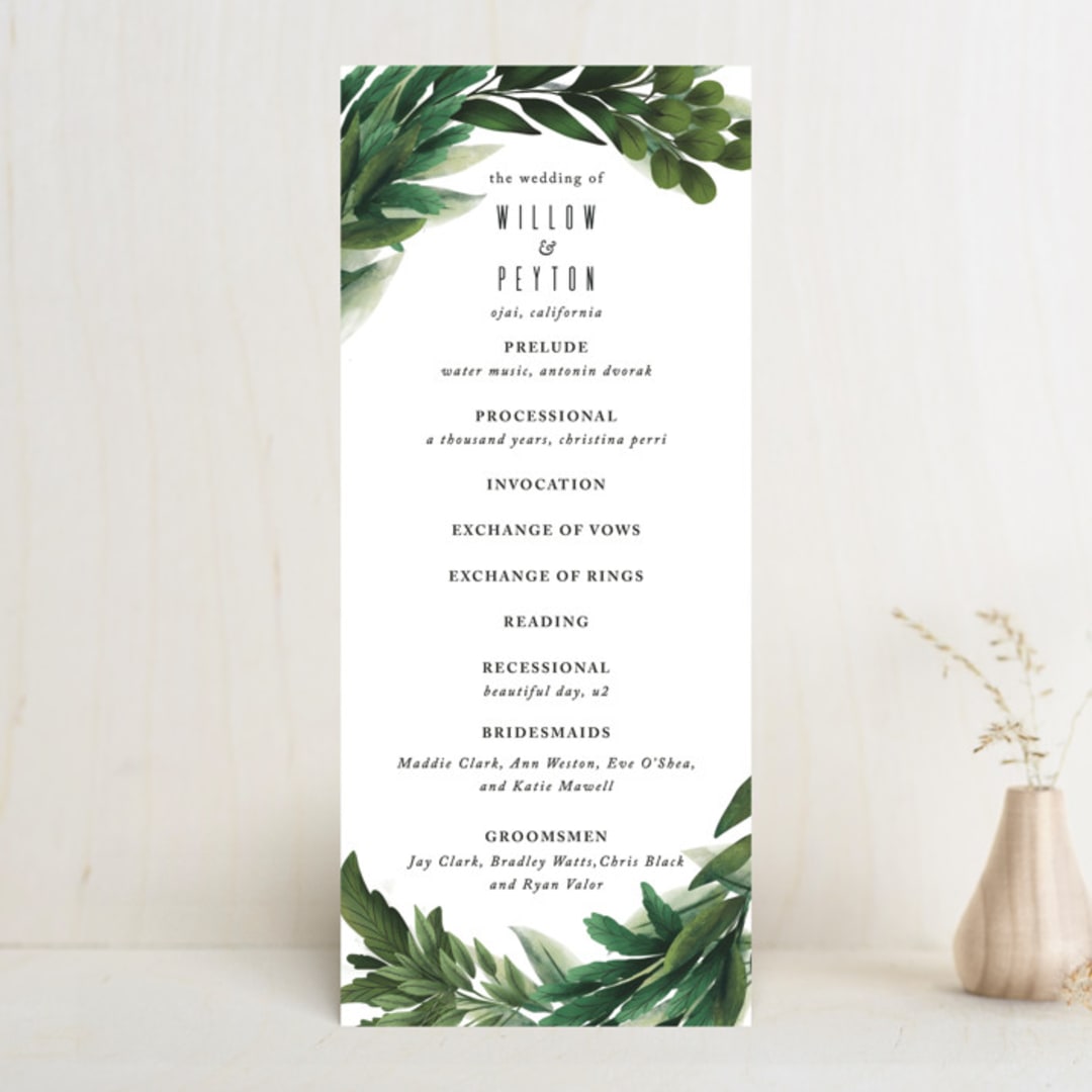 "Fresh Greens" - Wedding Programs in Emerald by Susan Moyal - Front