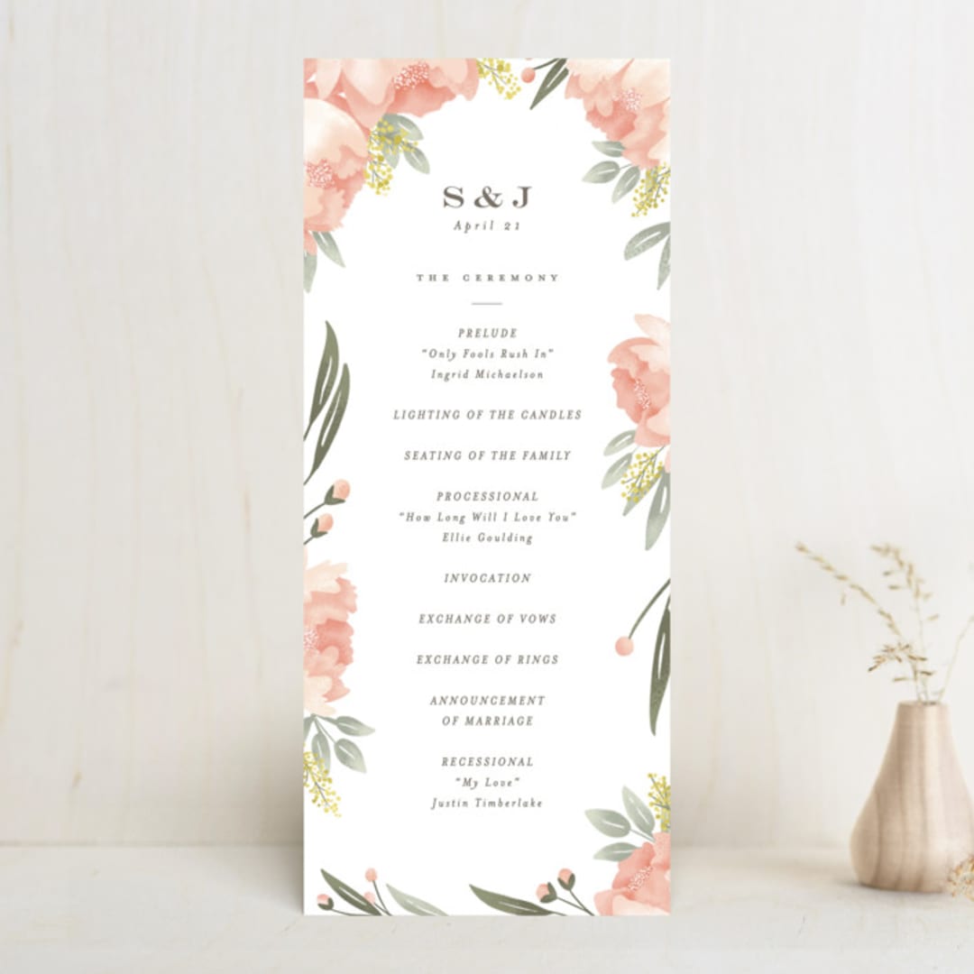 "Peony Wreath" - Wedding Programs in Peach by Joanna Griffin - Front