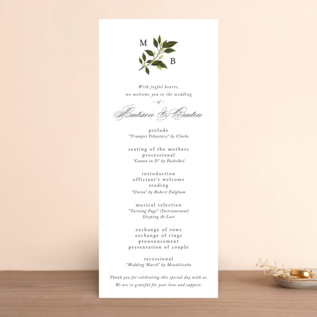 "Conservatory" - Wedding Programs in Honeysuckle by Jennifer Postorino - Front