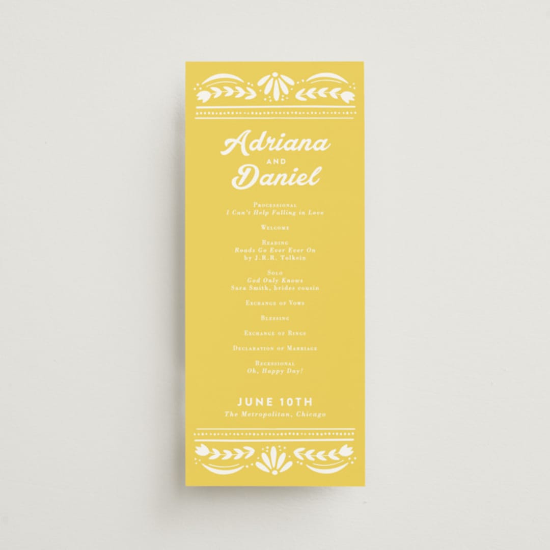 "Pretty Picado" - Wedding Programs in Sunshine by Jessie Steury - Front