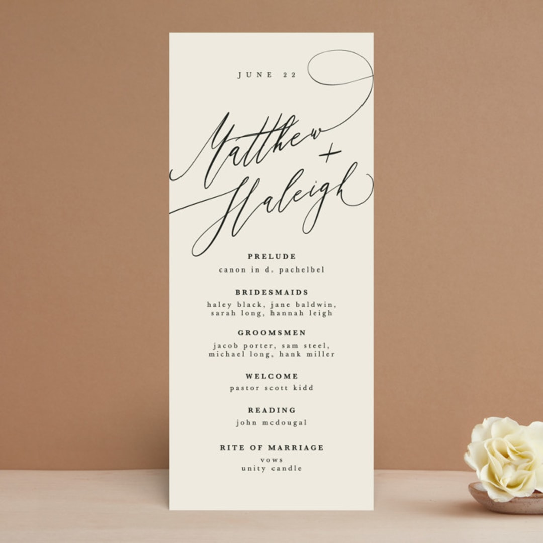 "Tilted Script" - Wedding Programs in Ivory by Hannah Williams - Front