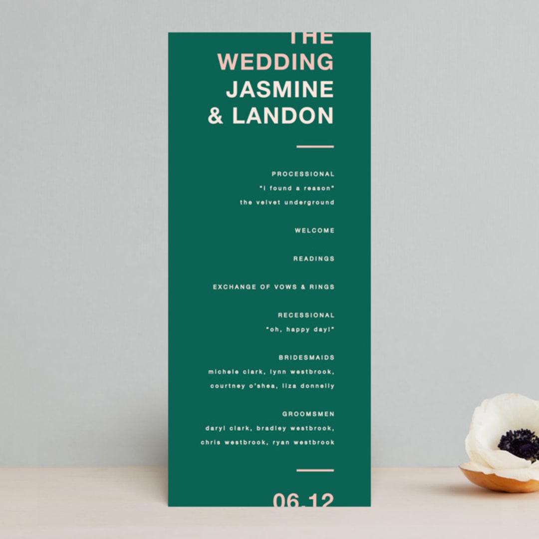 "Bold Type" - Wedding Programs in Parrot by Owl and Toad - Front