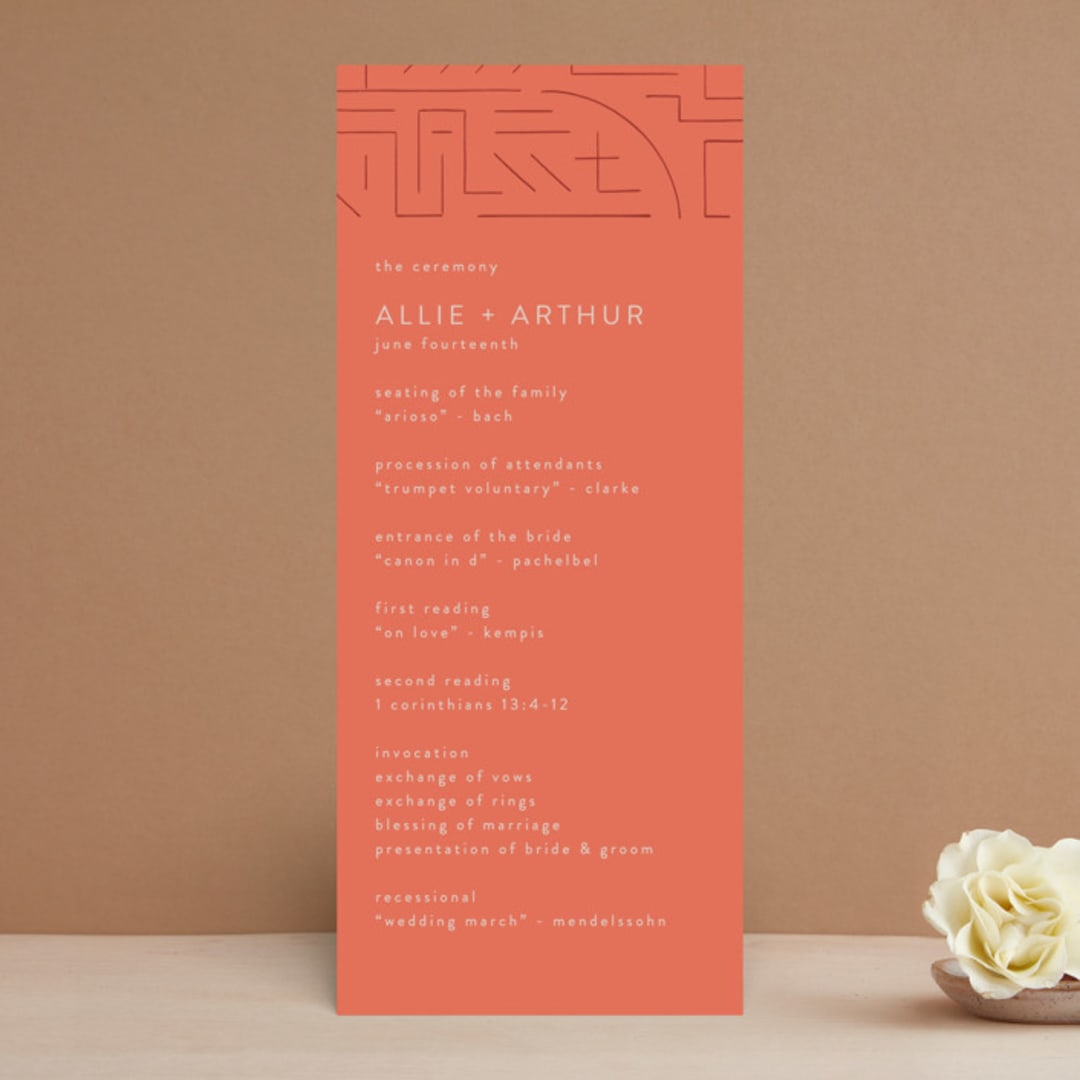 "Lines" - Wedding Programs in Melon by JeAnna Casper - Front