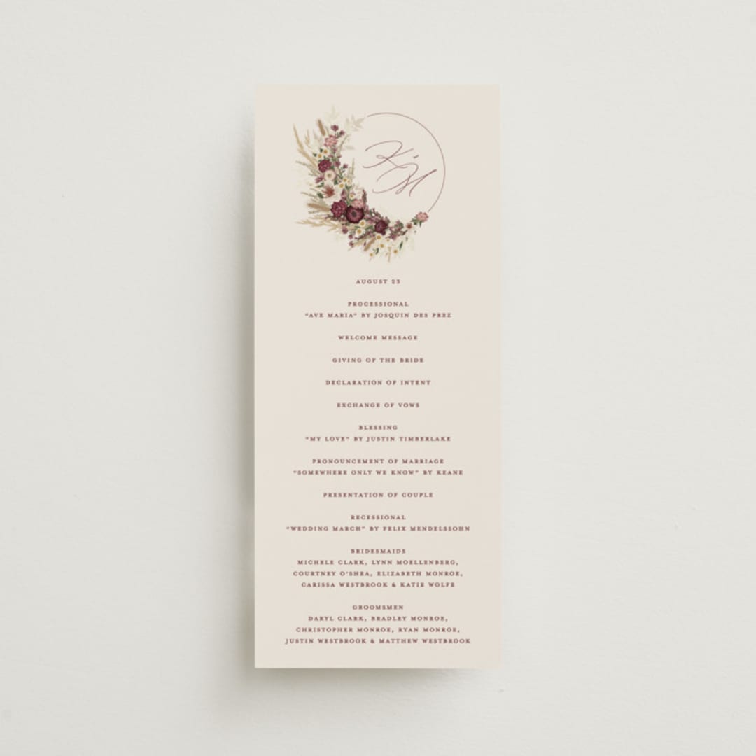 "Dried Floral Wreath" - Wedding Programs in Cabernet by Erin Deegan - Front