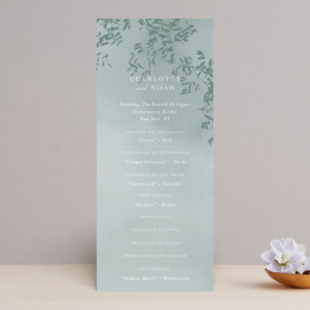 "Cascading Vine" - Wedding Programs in Mist by Design Lotus - Front