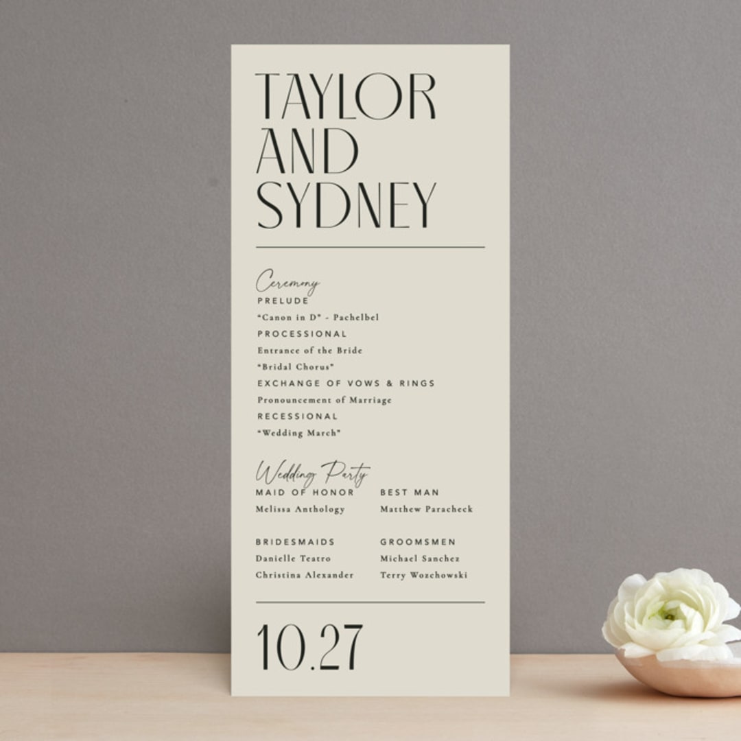 "Seraphina" - Wedding Programs in Sand by Robert and Stella - Front