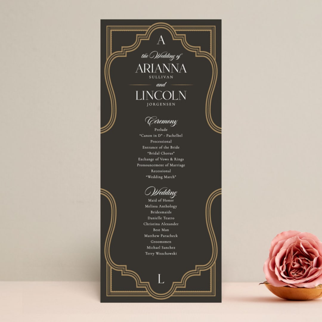 "Arabesque" - Wedding Programs in Obsidian by Robert and Stella - Front