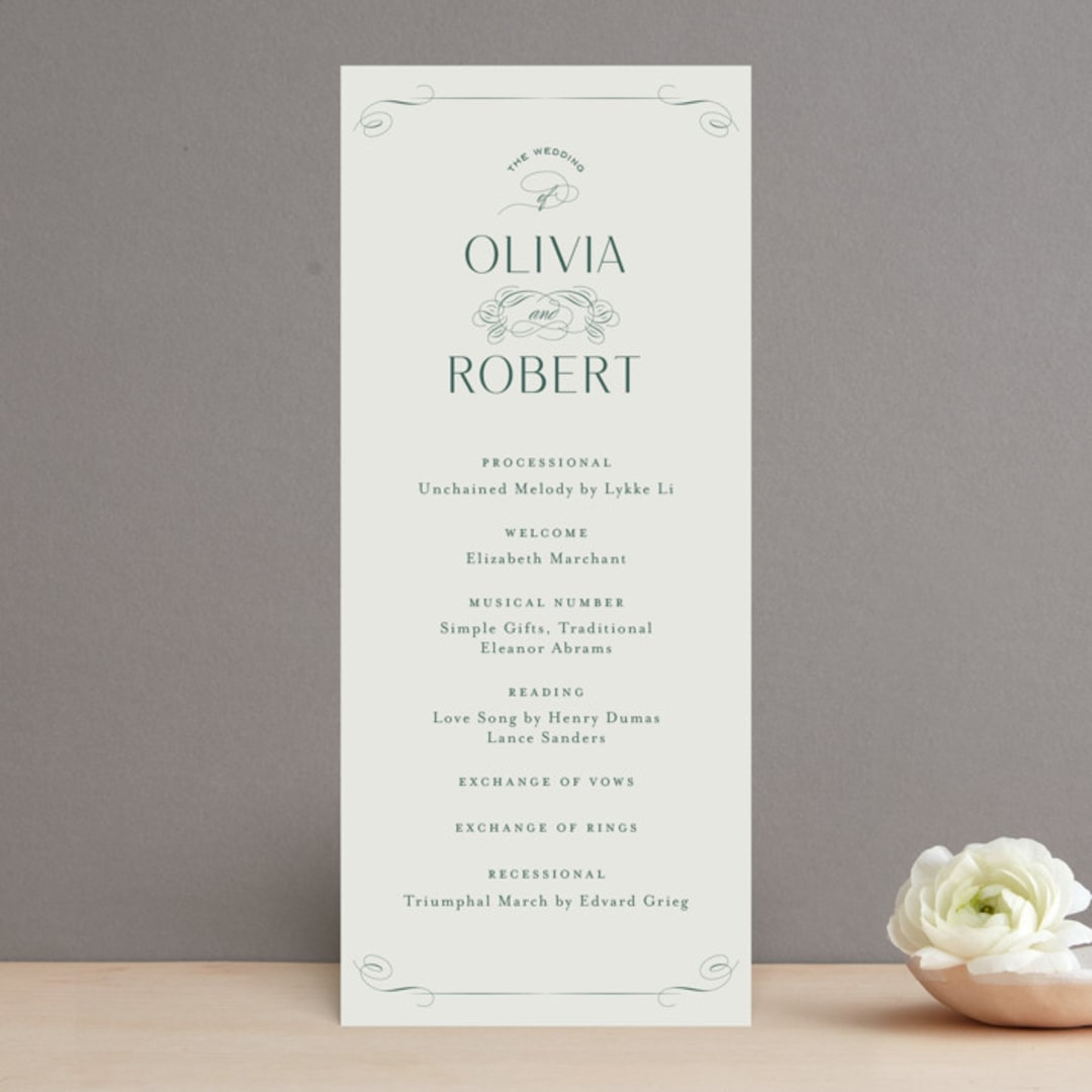 "Chantilly" - Wedding Programs in Emerald by Kimberly Morgan - Front