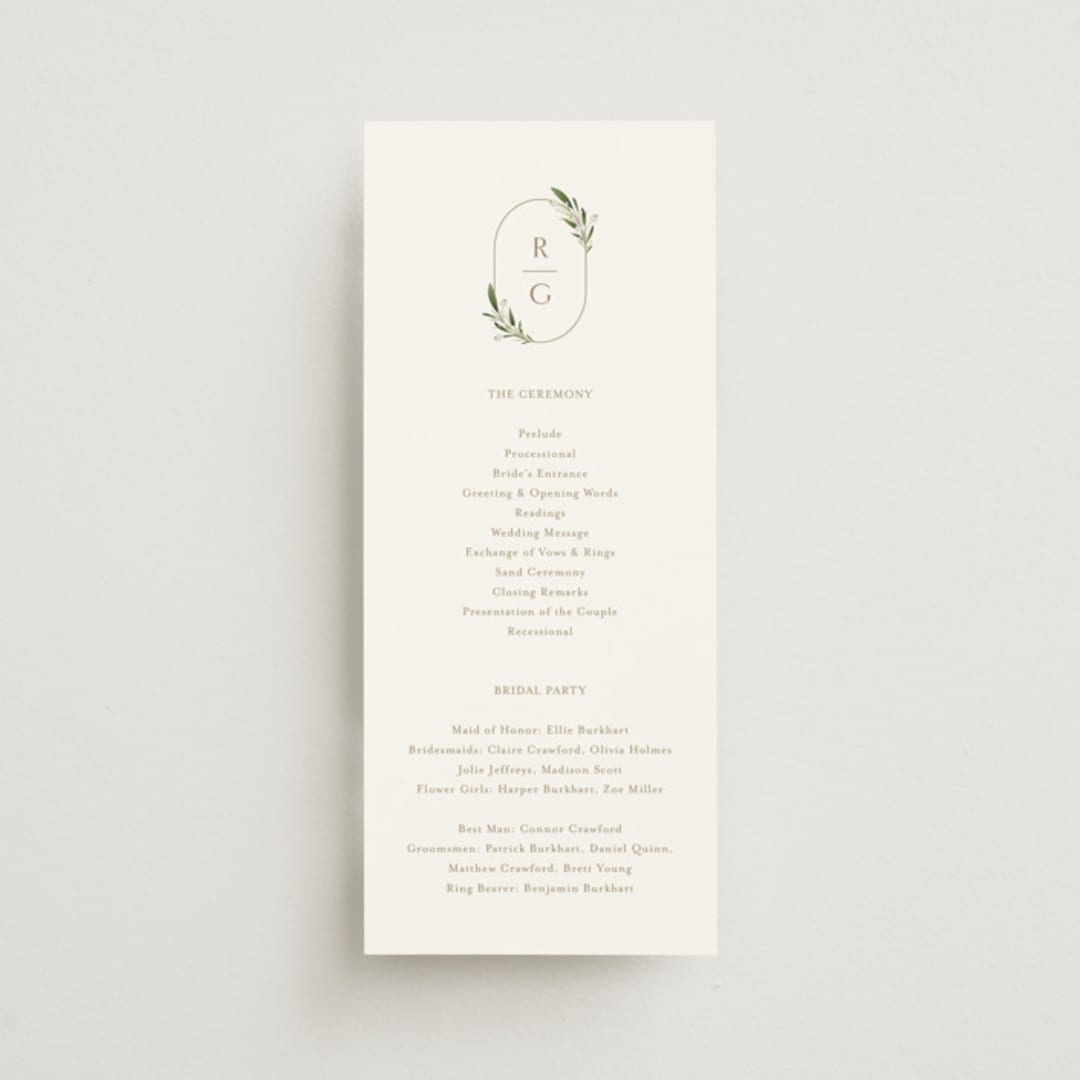 "Soft Sprigs" - Wedding Programs in Champagne by Jennifer Postorino - Front