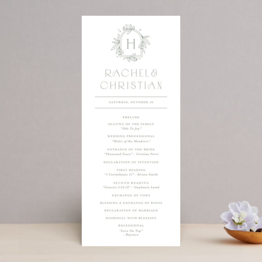 "Simple Crest" - Wedding Programs in Sage by Kristen Smith - Front
